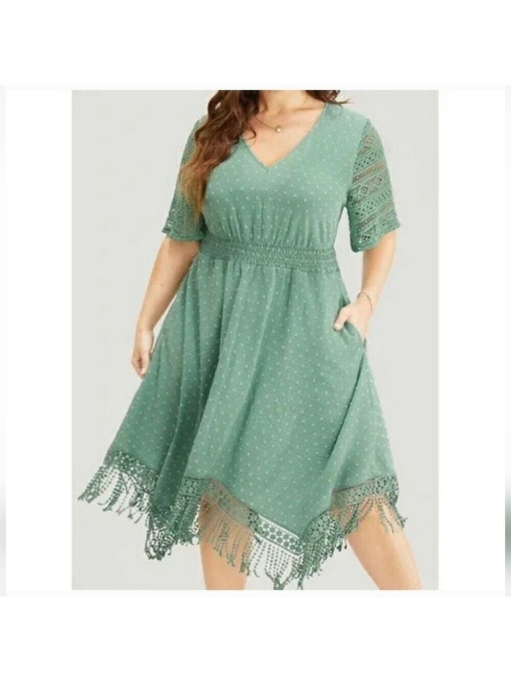 BloomChic Asymmetrical Green Swiss Dot Lace Bottom Dress